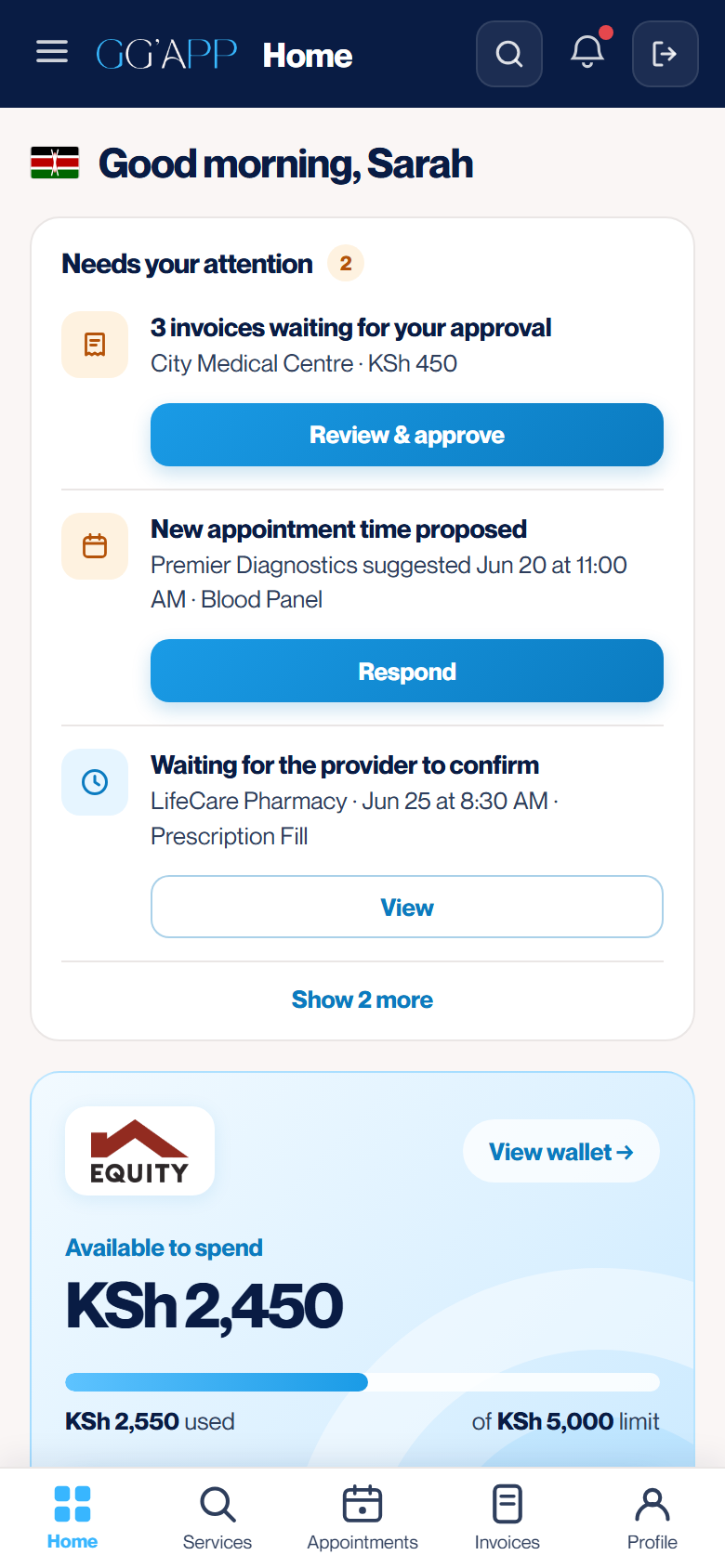 GG'APP patient home screen showing invoices awaiting approval and available healthcare credit of KSh 2,450