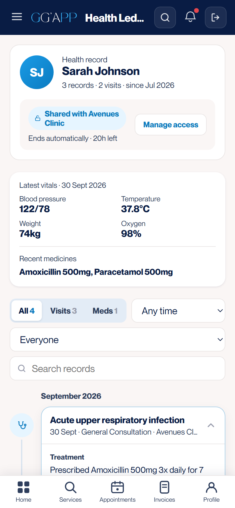 GG'APP Health Ledger showing latest vitals, recent medicines and a visit timeline